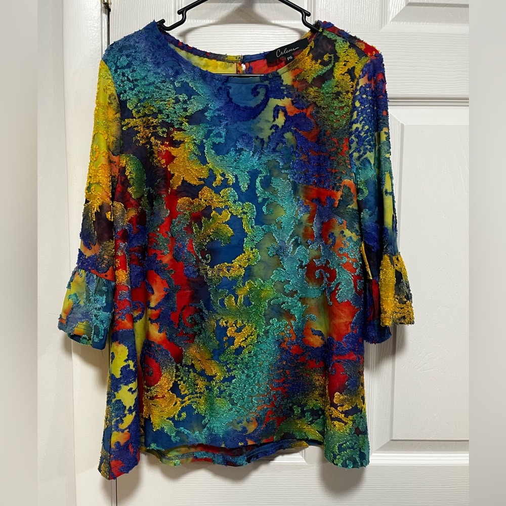 Calessa Multicolor Abstract Women's Artsy Flowy Blouse PS